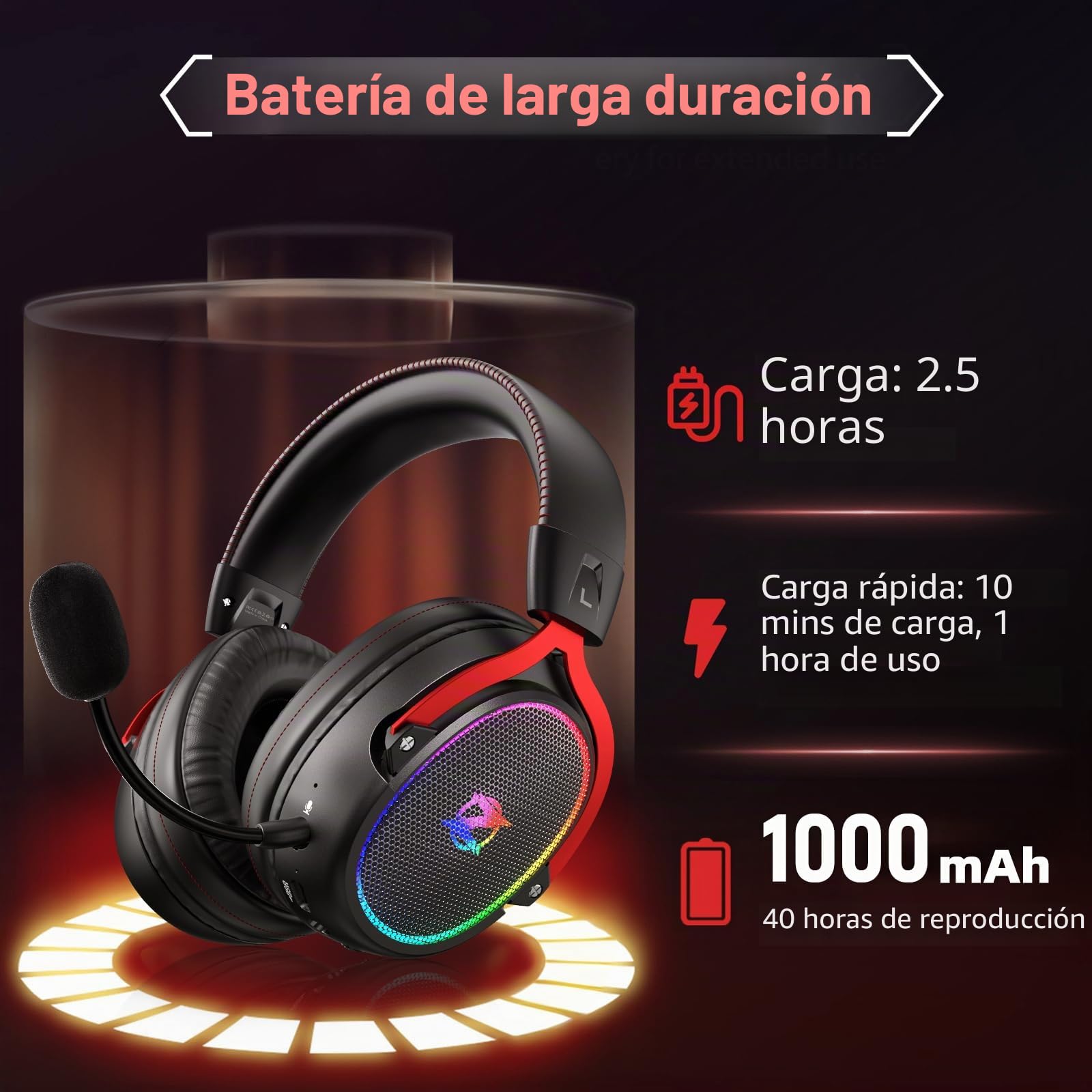 Ozeino Auriculares inalámbricos para Videojuegos de 2,4 GHz, Sonido Envolvente 7.1, micrófono Desmontable ENC con cancelación de Ruido, para PS4/PC/PS5 Auriculares con micrófono, Negro y Rojo