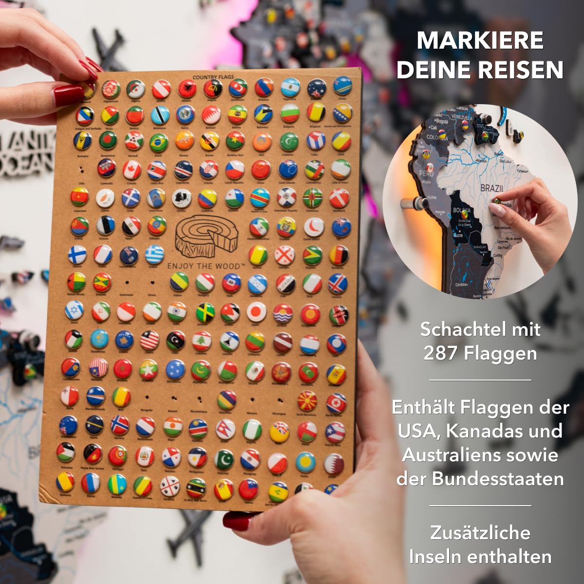 Enjoy The Wood - 3D Weltkarte Holz zur Wand Deko Wohnzimmer - Geschenkidee für Wanderer - Wandkunst zum Pinnen für Reiseziele - Wanddeko für Zuhause und Küche oder Büro (Nordik)