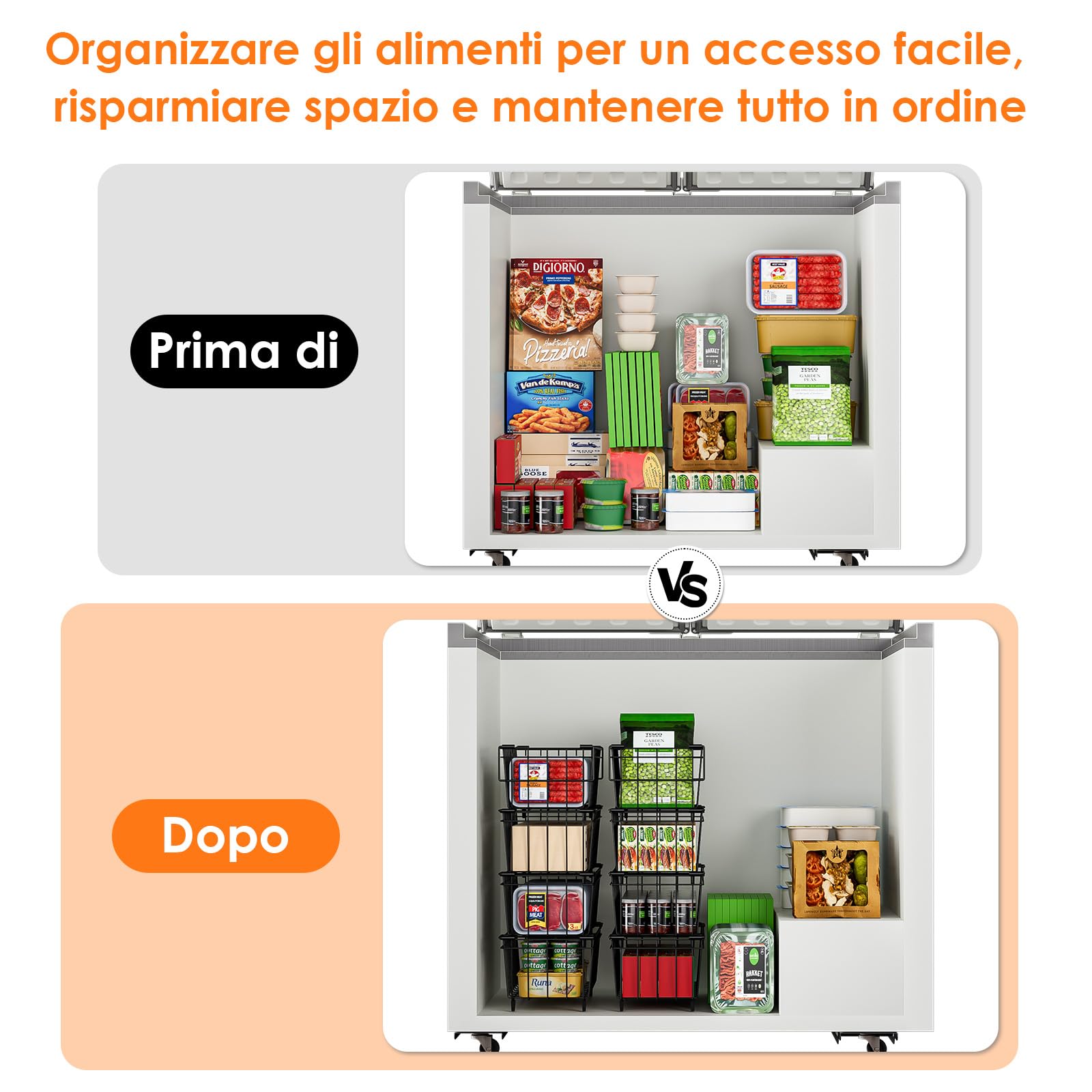 4 Pezzi Cestini Per Congelatore Cestelli Per Congelatore Impilabili in Metallo Contenitori Frigorifero Organizer Con Manici E Fondo Antiscivolo Organizer Frigorifero Nero