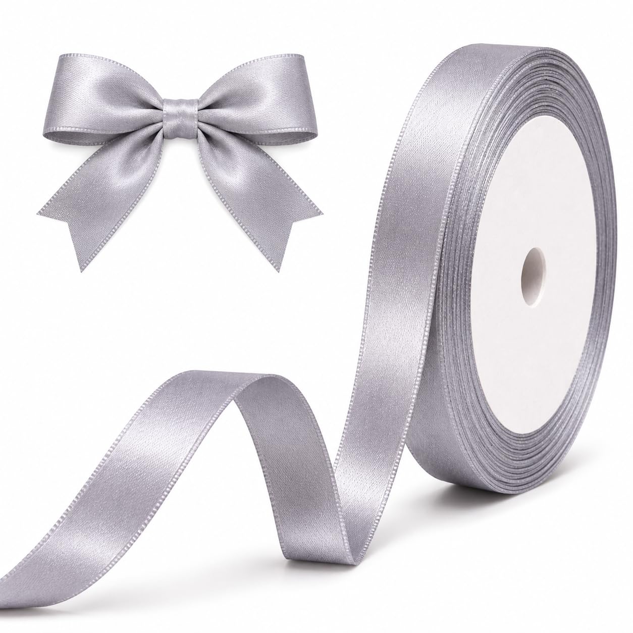 XEANCO 10mm Satin Ribbon, Polyester Ribbon, Enhance Your Crafts & Celebrations, Best for Gift Wrapping, Decorations, Wedding Car Ribbon, Ribbons for Crafting & Bows (Silver)