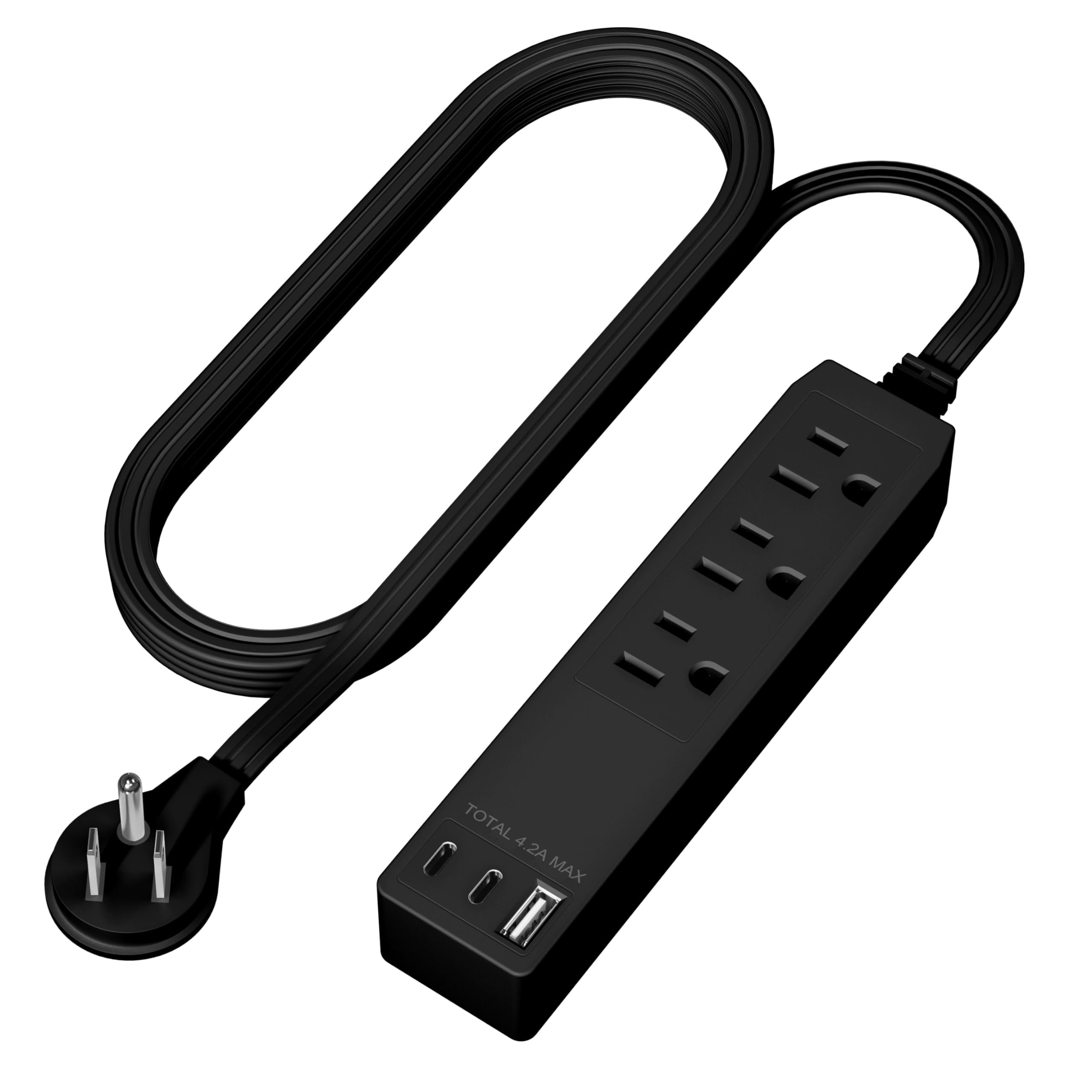 LIDER Outlet Extender with 3 Receptacles, USB Type-A and 2 USB Type-C Port, Ultra-Thin Flat-Plug with Cord Extender, 3-Outlet Power Strip, Slim Angled Design, UL-Listed, 5ft Cord, Black