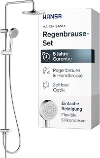 HANSA BASIC Duschsystem|Komplettset zum Anschluss an eine Armatur, bestehend aus Regendusche, Duschkopf mit Schlauch & Duschstange I Regenbrause mit Kugelgelenk|Handbrause mit Antikalk Funktion|Chrom