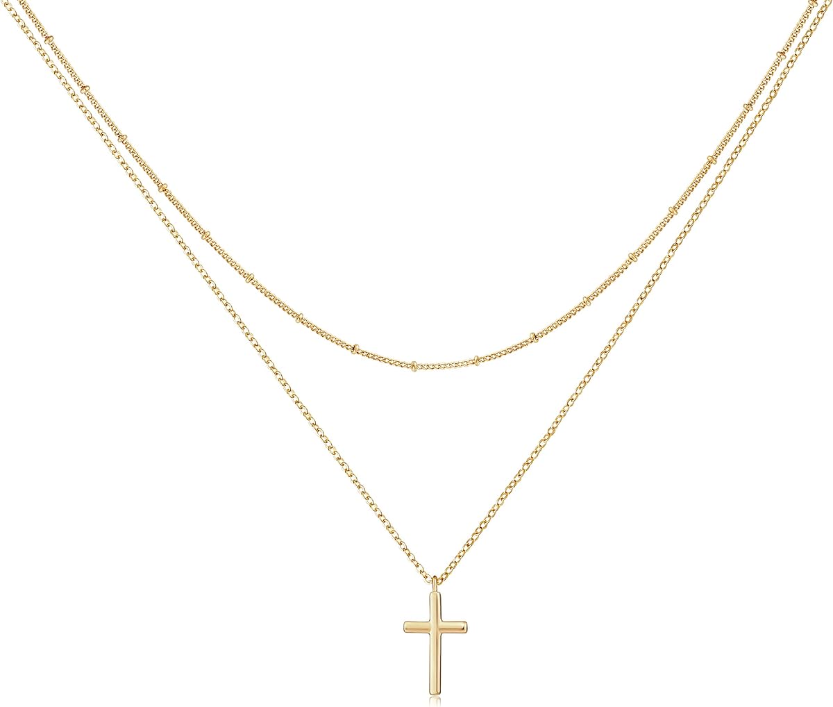Tiny Cross Necklace, Women 14k Gold Filled Polished Faith Necklace Dainty Circle Pendant Necklace Crucifix Cute Heart Necklace