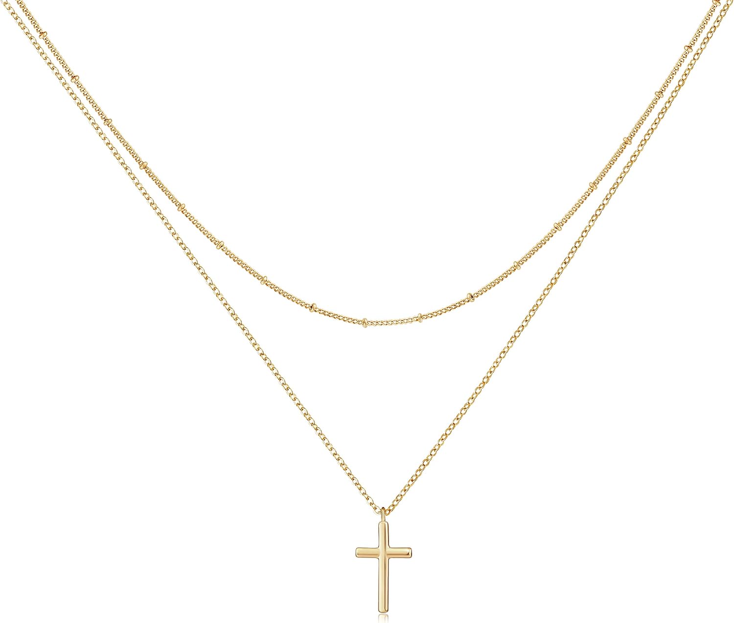 Tiny Cross Necklace, Women 14k Gold Filled Polished Faith Necklace Dainty Circle Pendant Necklace Crucifix Cute Heart Necklace