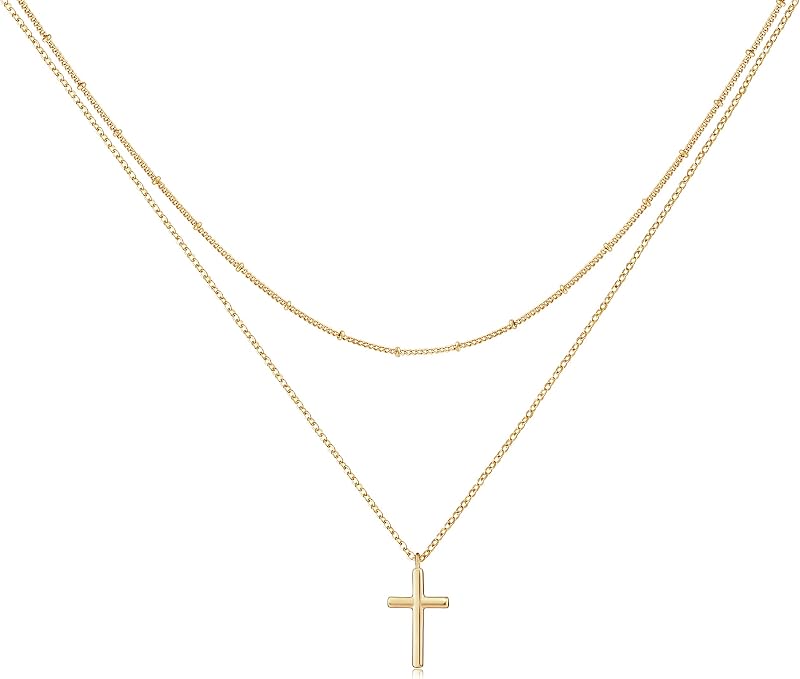 Tiny Cross Necklace, Women 14k Gold Filled Polished Faith Necklace Dainty Circle Pendant Necklace Crucifix Cute Heart Necklace