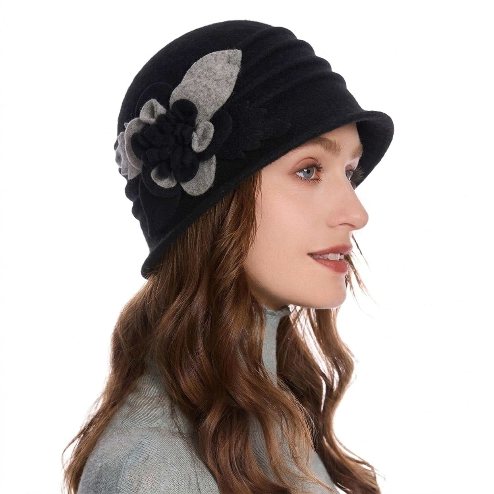 ZLYC Damen Winter Wolle Fischerhüte Blumen 1920s Vintage Bowler Hut