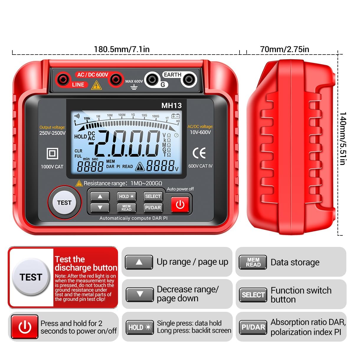 Tester di resistenza di isolamento digitale MH13 250 V-2500 V 1 MΩ-200 GΩ Megohm Test Meter Auto Range 2000 Counts LCD Display