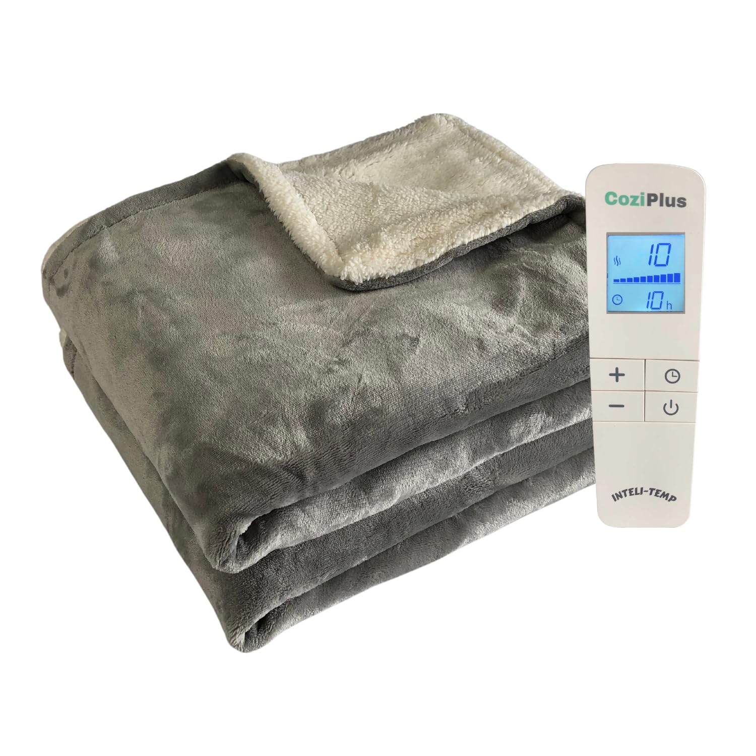 Coziplus Electric Heated Throw Blanket Flannel & Sherpa Fleece, Fast Heating 160x130cm, 10 Heat Levels & 10 Hours Auto Off Timer, LED Display, For Home & Office Use (Light Grey)