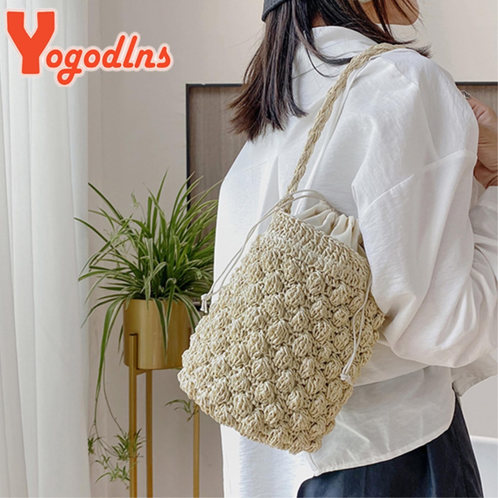 Borsa di Paglia Donna A Spalla Estiva, Secchio in Rattan Grande capacità delle Donne, da Spiaggia Tessuta Fatta Mano-beige-18x15x22cm