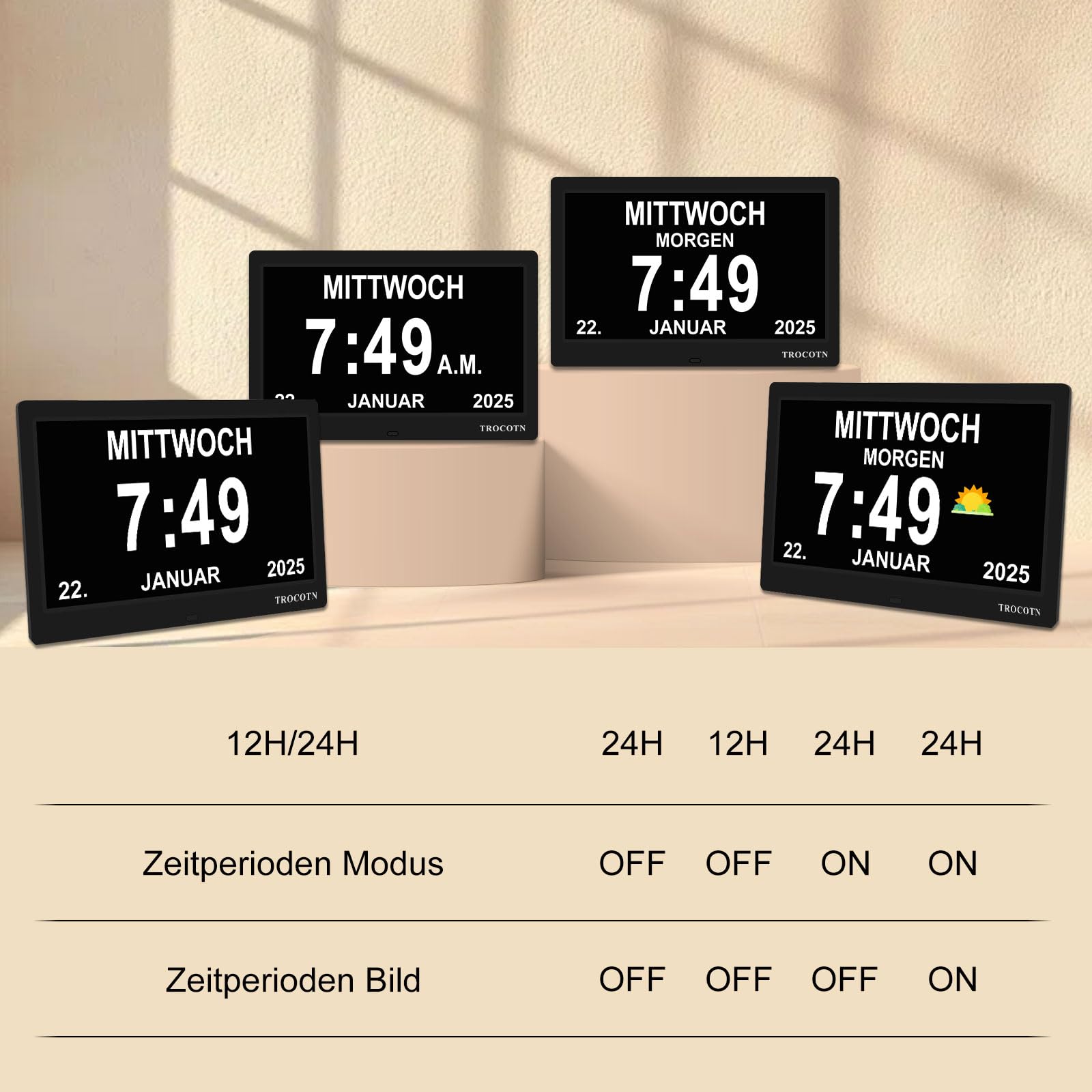 TROCOTN Demenz Uhr Senioren Digitale Uhr Tagesuhr Großes Display Wecker Wanduhr (Schwarz,10 Zoll)