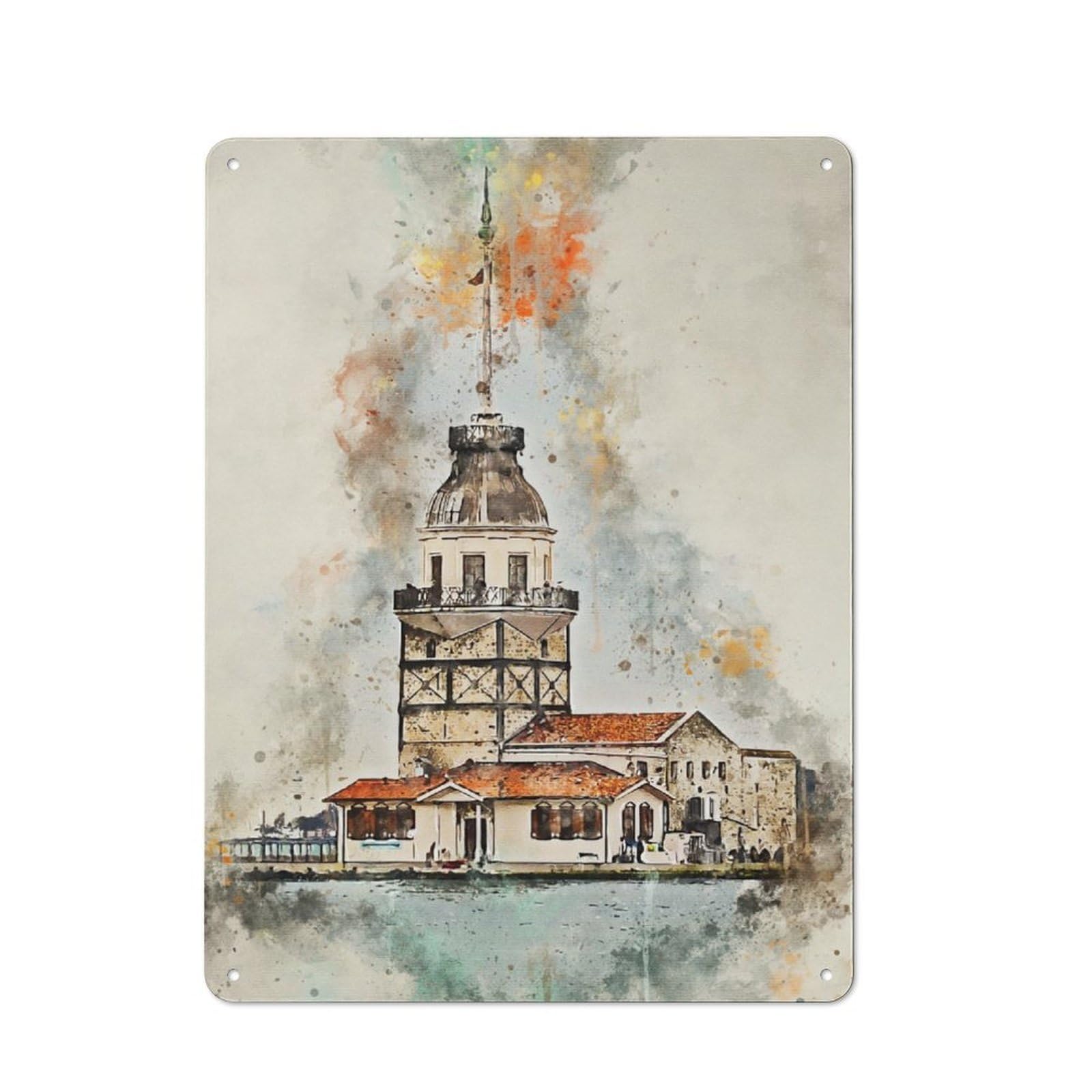 Junmoney Maidens Tower Watercolor For Café Or Restaurant, Vintage Tin Wall Plaque 40X30cm, New Home Wall Decor For Café Owners And Decorators