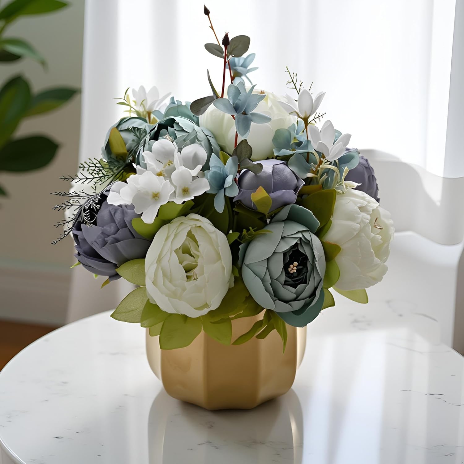 Large Artificial Flowers with Vase, Handcrafted Silk Rose & Hydrangea Floral Arrangements, Elegant Blue Faux Centerpieces for Dining Table, Home, Office, Farmhouse (Pre-Assembled)