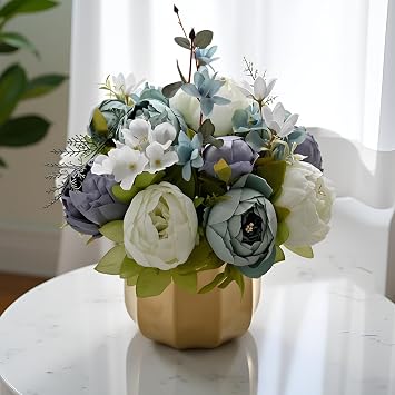 Large Artificial Flowers with Vase, Handcrafted Silk Rose & Hydrangea Floral Arrangements, Elegant Blue Faux Centerpieces for Dining Table, Home, Office, Farmhouse Pre-Assembled