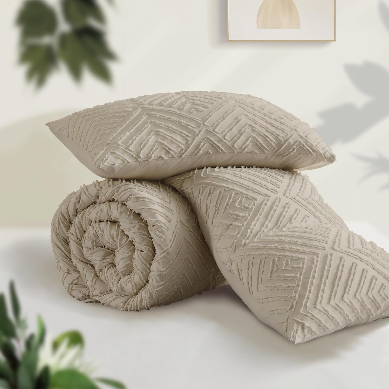 Andency Oatmeal Comforter California King Size, 3 Pieces Boho Bedding Set & Collections, Farmhouse Tufted Fluffy Bedding Comforter Sets for All Seasons (1 Comforter 104x96In, 2 Pillowcases)