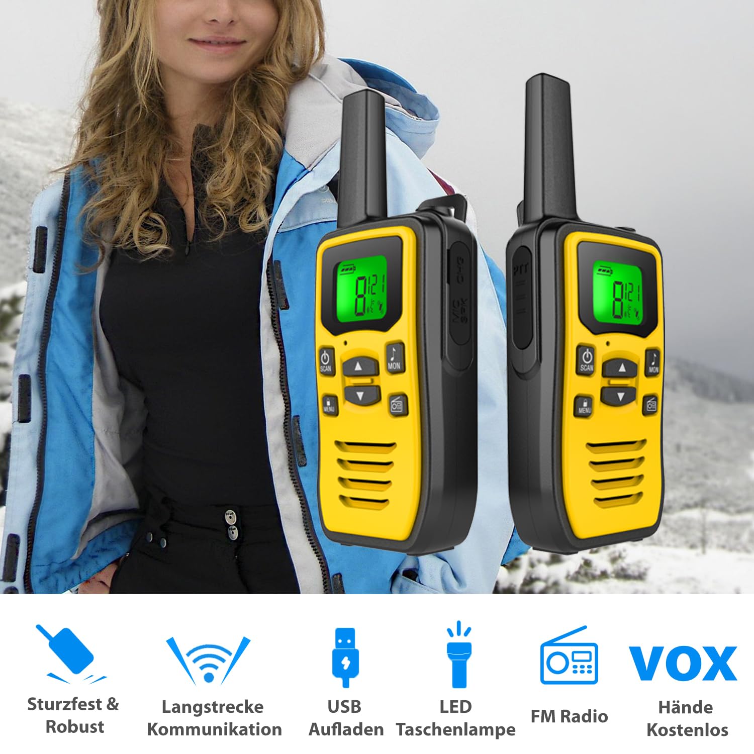 Professionelle Walkie Talkie für Erwachsene, Wiederaufladbare Langstrecken Funkgerät Lizenzfrei 36 Kanäle VOX, Zweiwege-Radios mit FM Rundfunkgerät