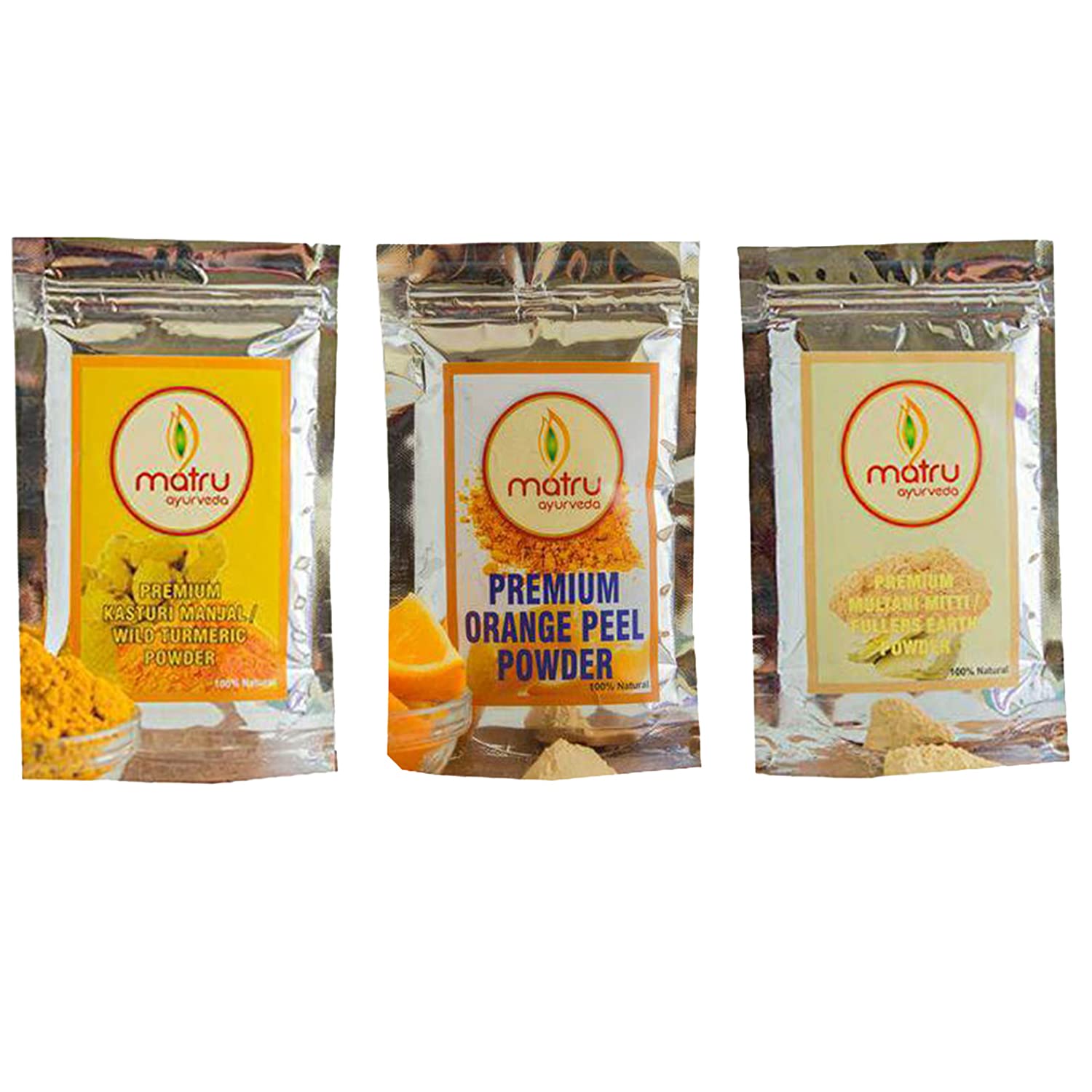 Matru Ayurveda Premium Combo Pack of Kasturi Manjal/Orange Peel/Multani Mitti Powders (100 Grams Each) (300 Grams)