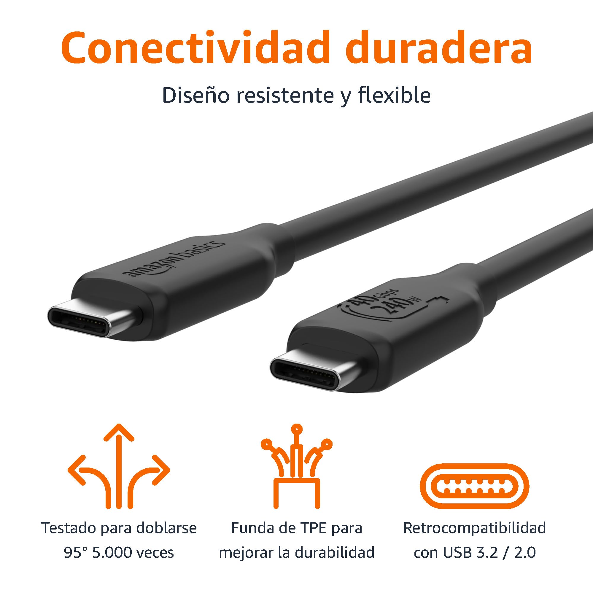 Amazon Basics Cable de carga rápida, USB-C a USB-C 4, 40 Gbps, vídeo 8K, 240 W, certificación USB-IF, Thunderbolt 4/3, compatible con iPhone 16/15, iPad, Samsung Galaxy, tabletas, portátiles,1m, Negro