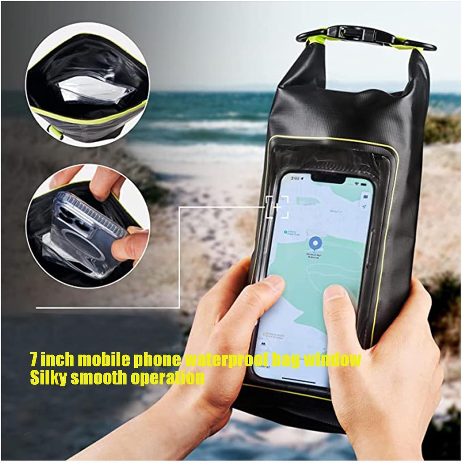 Custodia per Telefono Impermeabile Zaino Impermeabile con Chiusura Arrotolabile 2L/5L con Custodia per Telefono Borsa Impermeabile tattile per Nuoto, Spiaggia e Viaggi,Nero Verde,2L