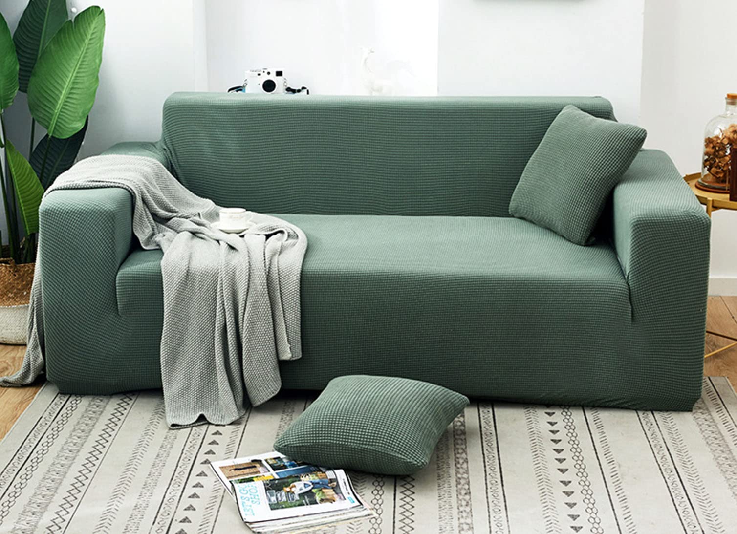 Housse de canapé extensible verte 3 places avec élastique universel jacquard