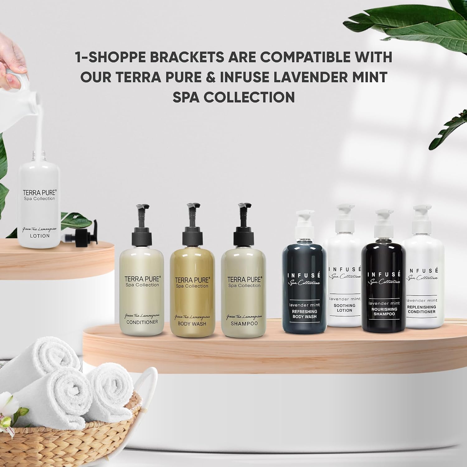 Wall-Mounted No-Drill Hotel Amenities Dispenser | Only Fits Terra Pure & Infuse Lavender Mint Spa Collection 10.14oz Bottles | Tamper-Proof Locking Bracket | Triple Bracket