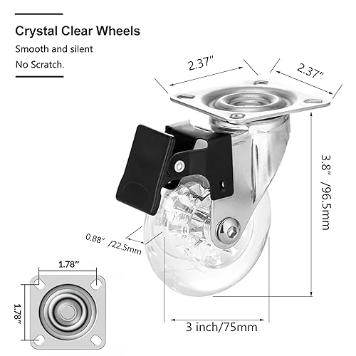 Miniatura 2 de Paquete de 4 ruedas giratorias de 3 pulgadas para muebles, 800 libras, ruedas de poliuretano transparente resistentes con cerradura con placa