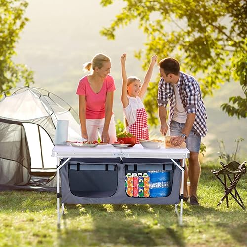 Miniatura 4 de Mesa de camping plegable con almacenamiento de aluminio, mesa de campamento ligera, altura ajustable, mesas de picnic para exteriores, mesa de playa