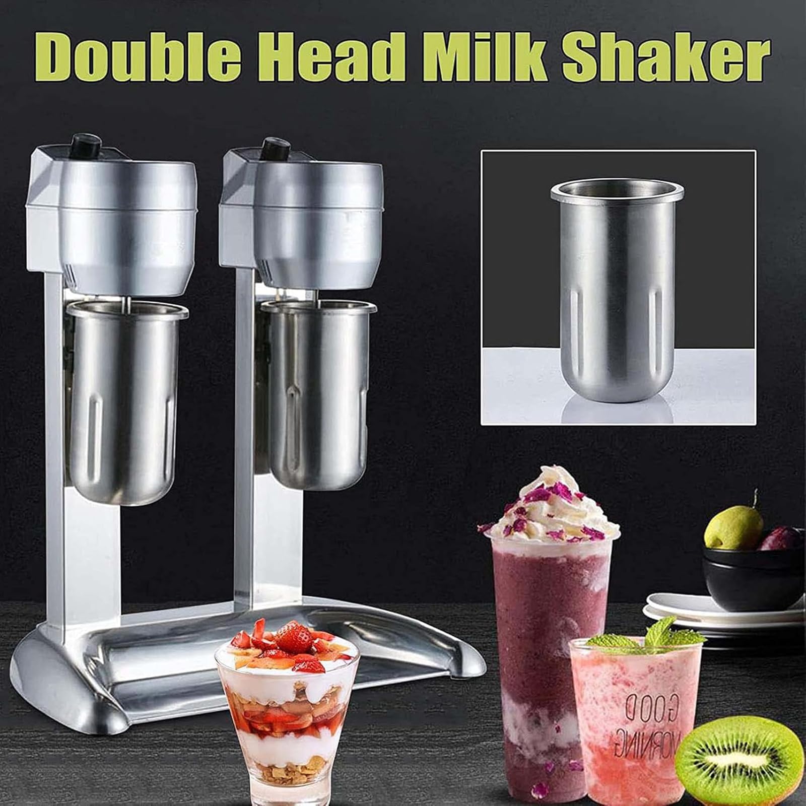 Dwugłowicowy shaker do mleka, elektryczny shaker do koktajli mlecznych z kubkiem o pojemności 1000 ml, prędkość 12000 obr./min - 18000 obr./min, płynna regulacja, mikrowyłącznik bezpieczeństwa i trw