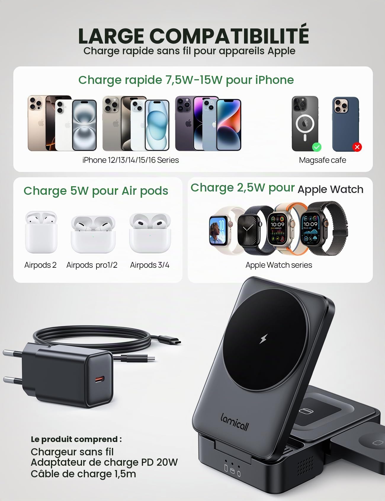 Lamicall 3-en-1 Chargeur Induction Pliable, Station de Charge pour Magsafe