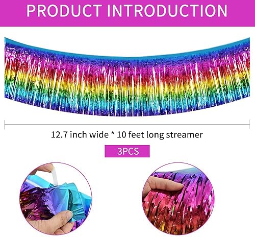 Miniatura 2 de BEISHIDA Paquete de 3 guirnaldas de flecos de papel de aluminio metálico, arcoíris oscuro, para colgar en la pared, flotadores de automóvil,