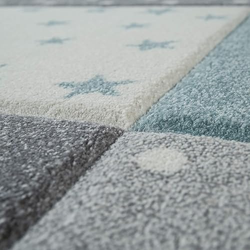 Miniatura 2 de Paco Home Alfombra infantil para guardería a cuadros con puntos y estrellas en azul, blanco y gris, tamaño 3'11" redonda