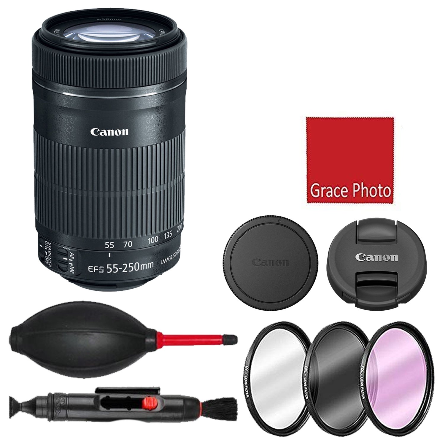 Amazon Com Canon Ef S 55 250mm F 4 5 6 Is Stm Telephoto Zoom Lens With 3 Piece Filter Kit Uv Cpl Fld Rubber Air Dust Blower Lens Cleaning Pen Electronics