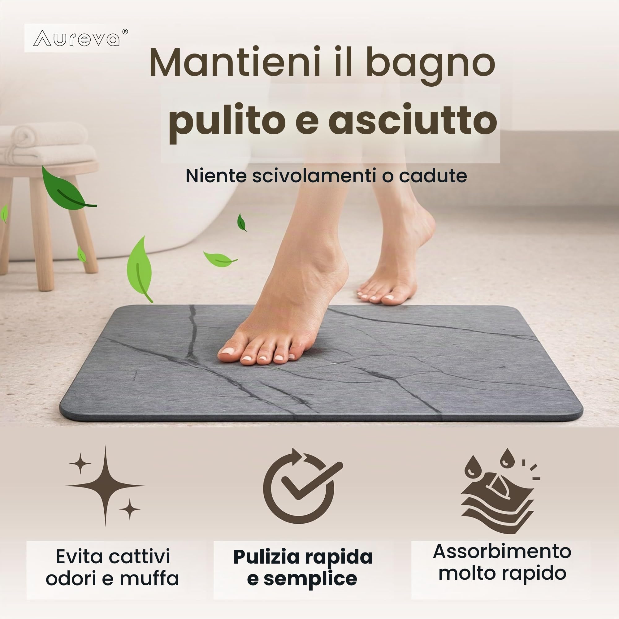 Tappeto Diatomite Bagno 60 x 40 cm - Asciugatura rapida, antiscivolo e antibatterico - Tappetino da bagno - Pietra diatomite bagno - Stone Bath Mat - Tappeto doccia - anche come scolapiatti cucina