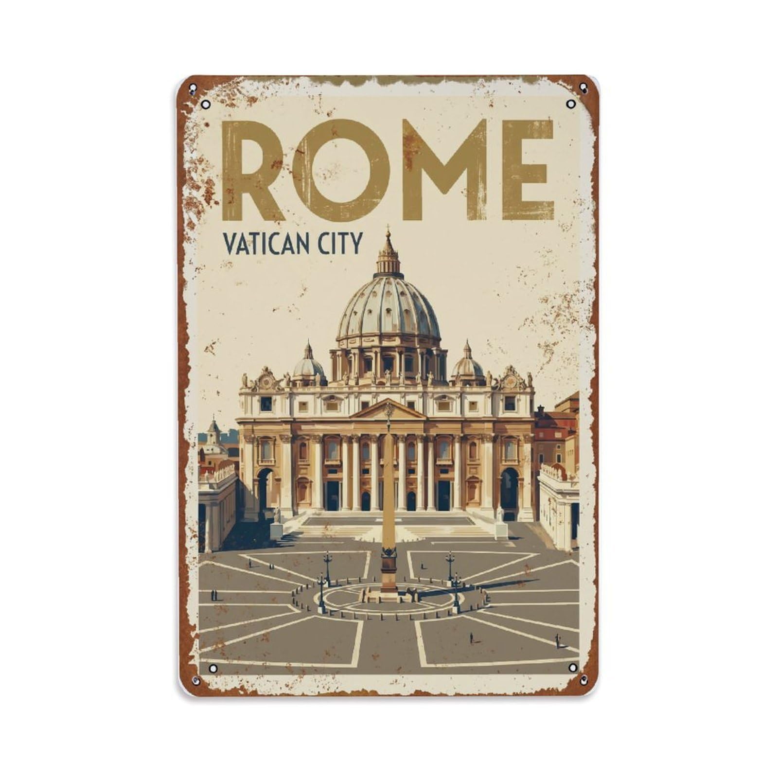 Vintage Travel Rome Vatican St Peter Basilica Rusted Italy Metal Tin Sign Plaque Wall Decor for Cafe, Club Bar, Office, Home Garden Metal Poster 8x12Inch