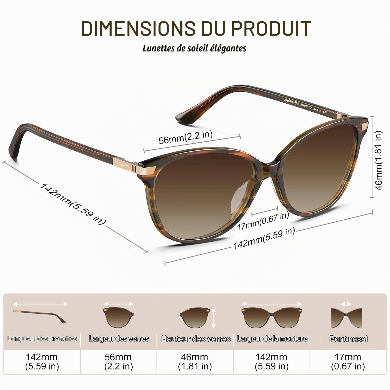 AVAWAY Cat-eye Lunettes de Soleil Femme Polarisées Vintage UV400 Protection