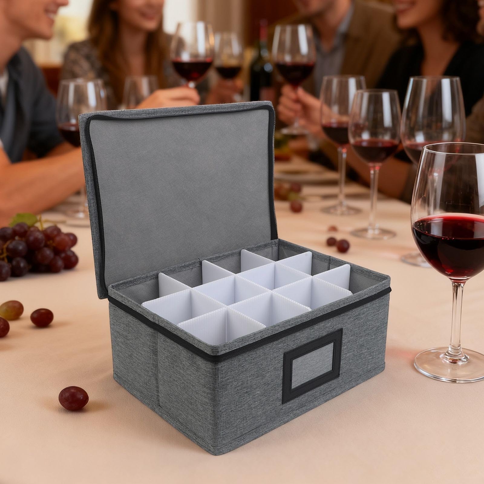 Whiskyglas-Aufbewahrungsbox mit 12 Trennwänden, Oxford-Stoff, Weinglas-Organizer mit Griffen, schützende Hartschalenträger für Glen Cain Gläser, Grau