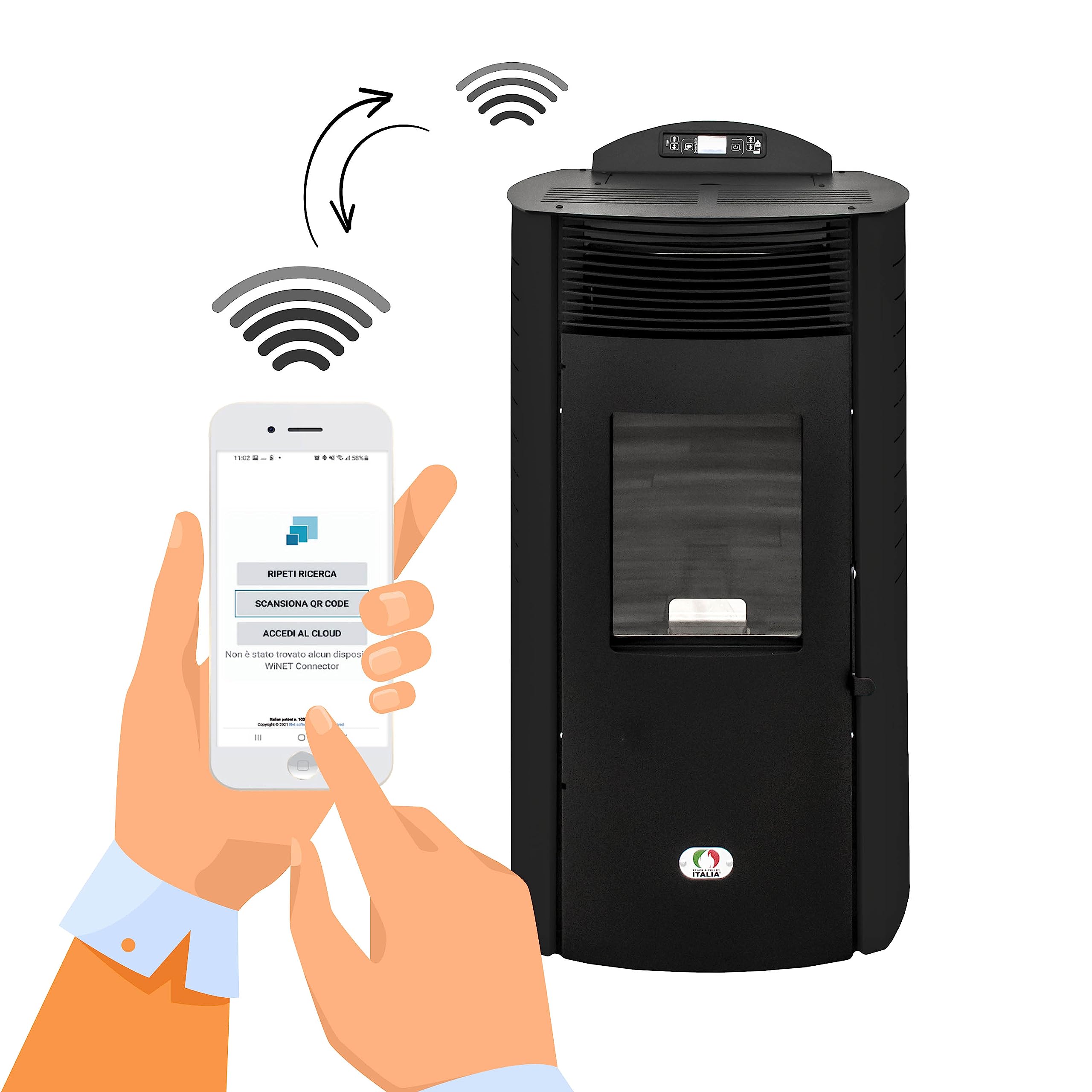 STUFE A PELLET ITALIA Siberia Nuevo canal WiFi 15 kW - eficiencia del horno ventilado 92% de calor 140 m² tiempo de funcionamiento 30 h, programable 5 velocidades y potencia, 24 meses negro