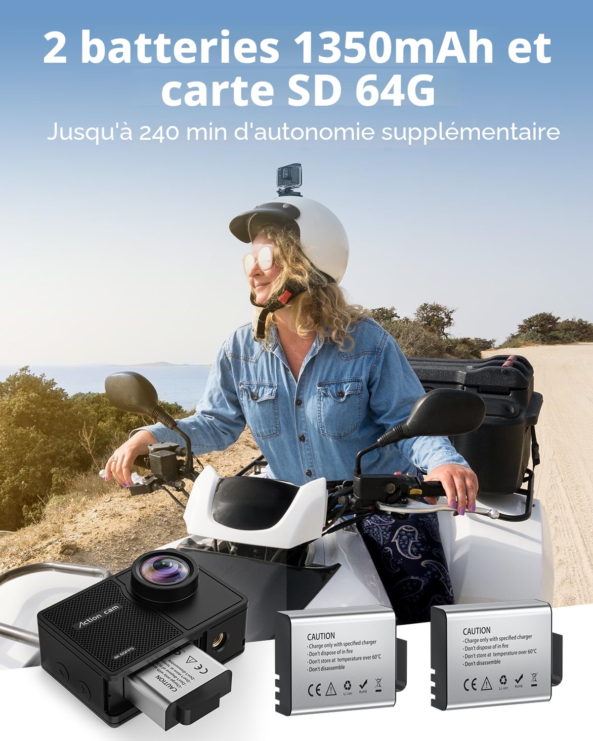4K60FPS Caméra Sport- Caméra Étanche avec Carte SD 64G 48MP HD WiFi Camera with EIS, Caméras Embarquées with 2 * 1350 mAh Batteries Télécommande 2.4G,Kit d'Accessoire