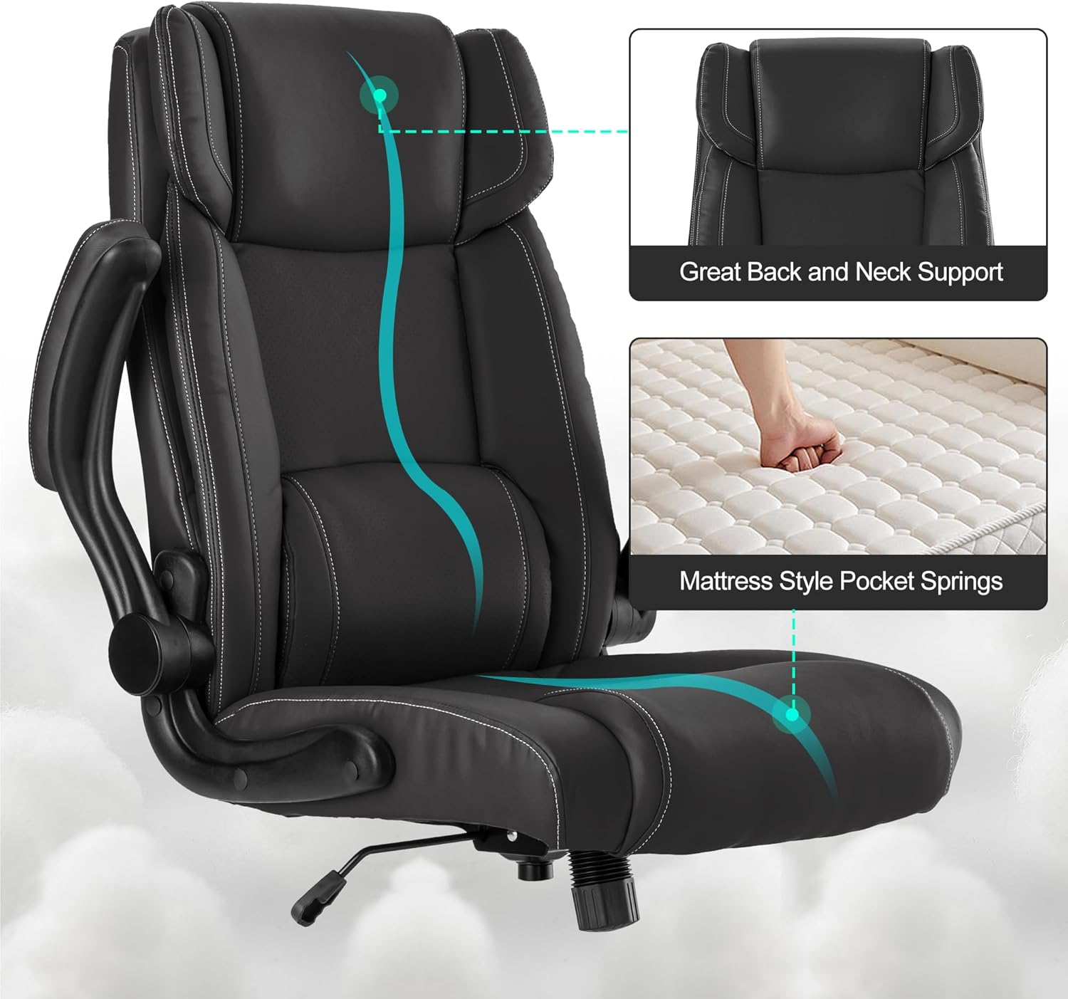 Office Desk Chair,Ergonomic Conference Room Chairs,Mid Back Executive Leather Chair,Comfy Computer Desk Chairs with Adjustable Flip-Up Arms and Rocking Function (Black)
