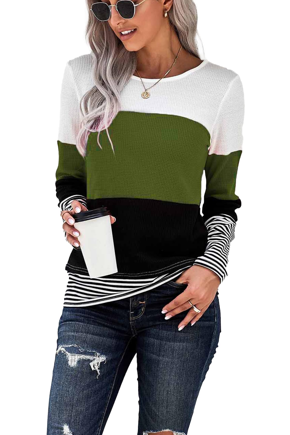Long Sleeve Shirts for Women Casual Lightweight Sweaters Color Block Striped Tunic Tops