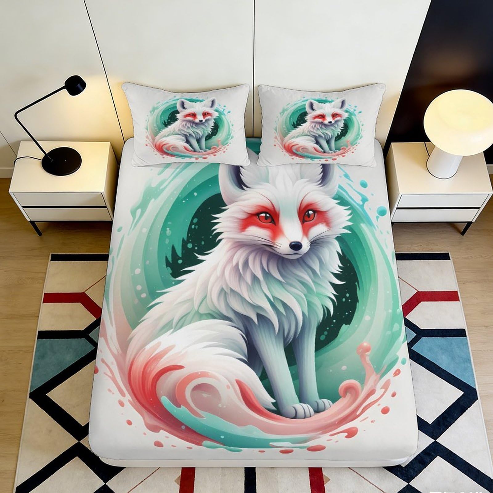 3D Printed White Fox Fitted Sheet Microfiber Artistic Forest Bed Cover for Bedroom Guest Room Decor 90x200x25cm