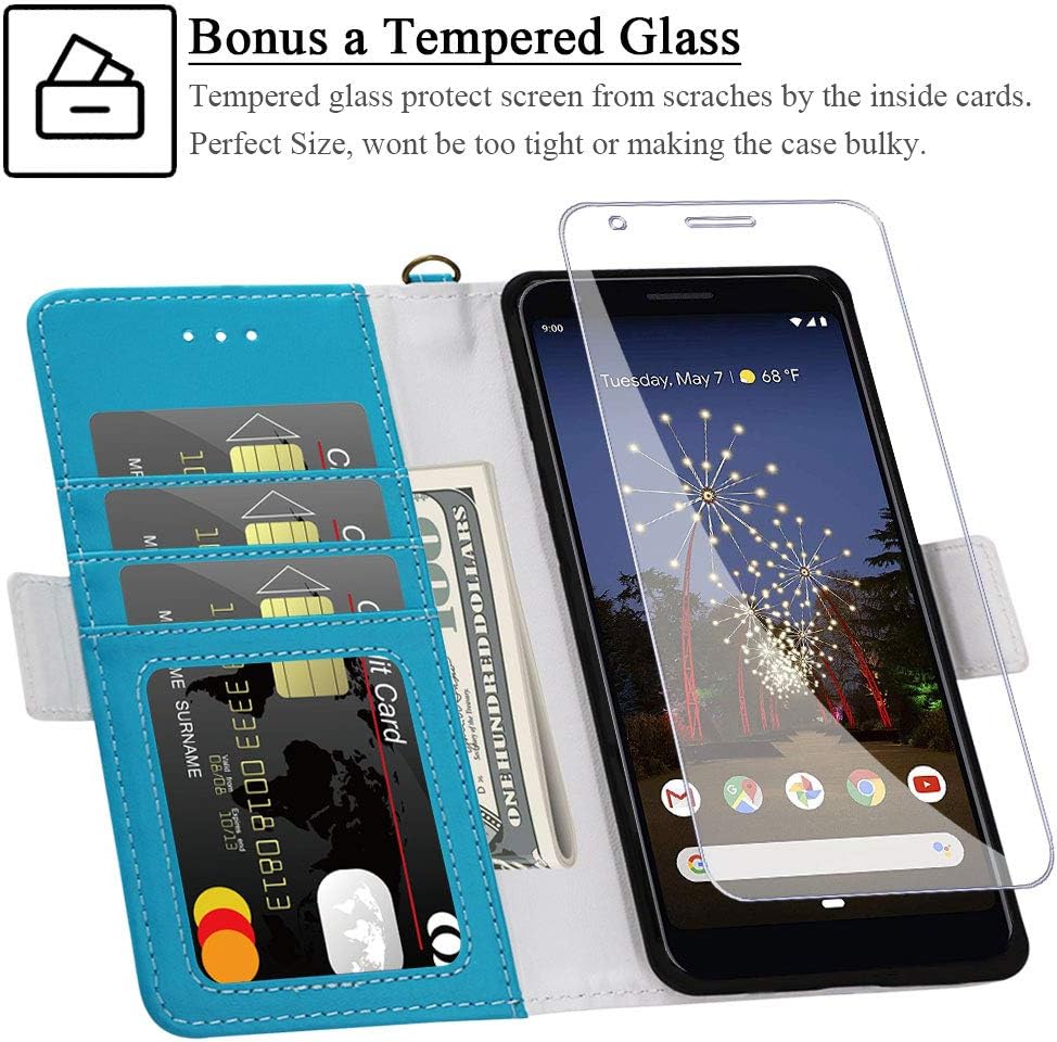 Samgg Pixel 3a Detachable Wallet Case with Wrist Strap and Tempered Glass, 2-Way Stand, Card Slot, Magnetic Closure - Durable Leather Folio Flip Case for 5.6" Google Pixel 3a (2019) (Blue)
