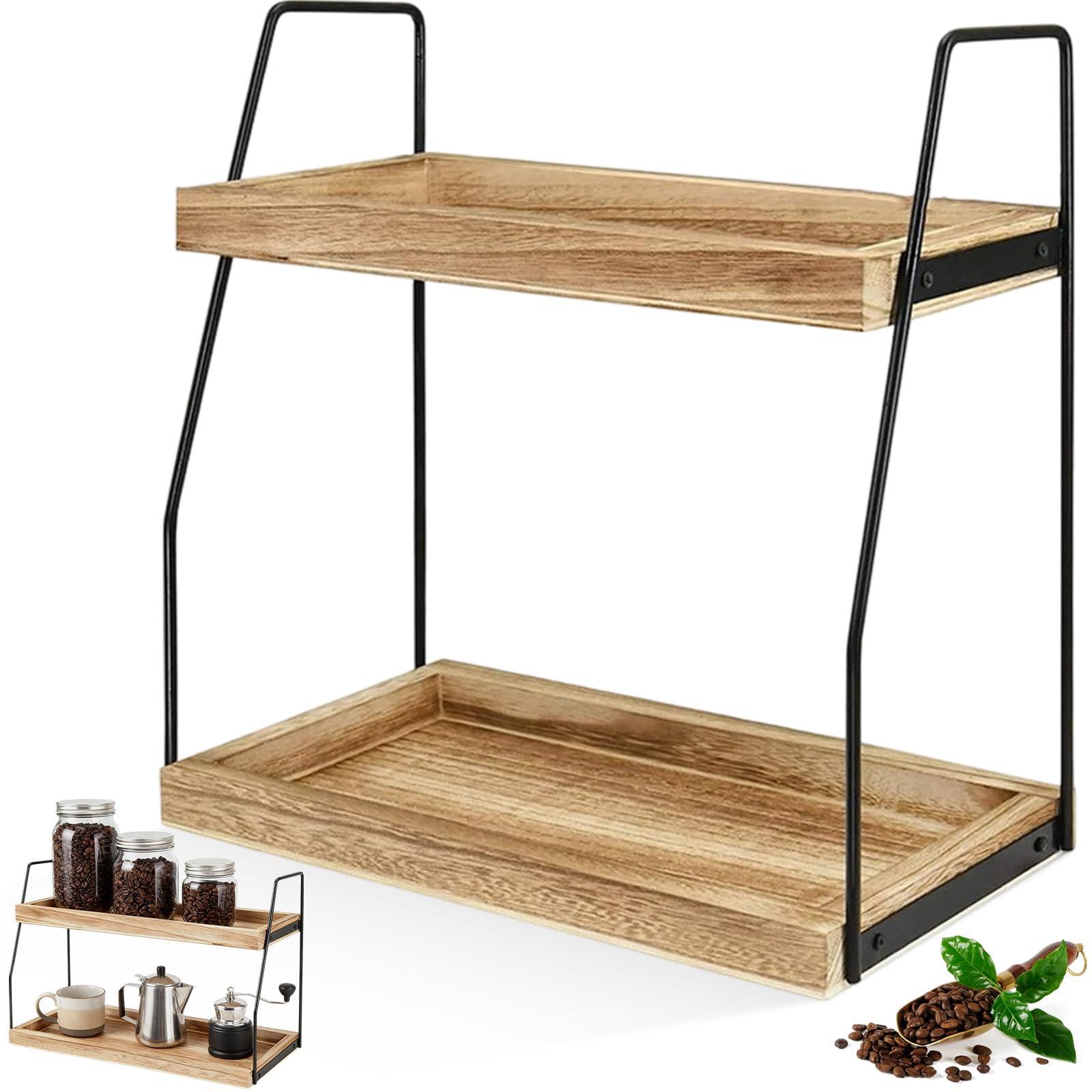 2 Ripiani Portaspezie Salvaspazio per Cucina, Organizer per Angolo Caffè in Legno, Porta Spezie Piano di Lavoro, Organizzatore Condimenti Bar, Scaffale da Cosmetici per Bagno, Casa, Ufficio, Scrivania