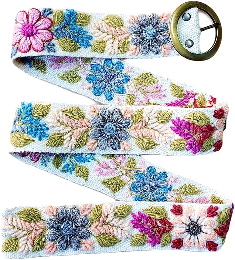 Ivory belt with soft colorful flowers, handmade embroidered with natural wool in Peru, artistic floral design, woman gift, XS, S, M, L, XL