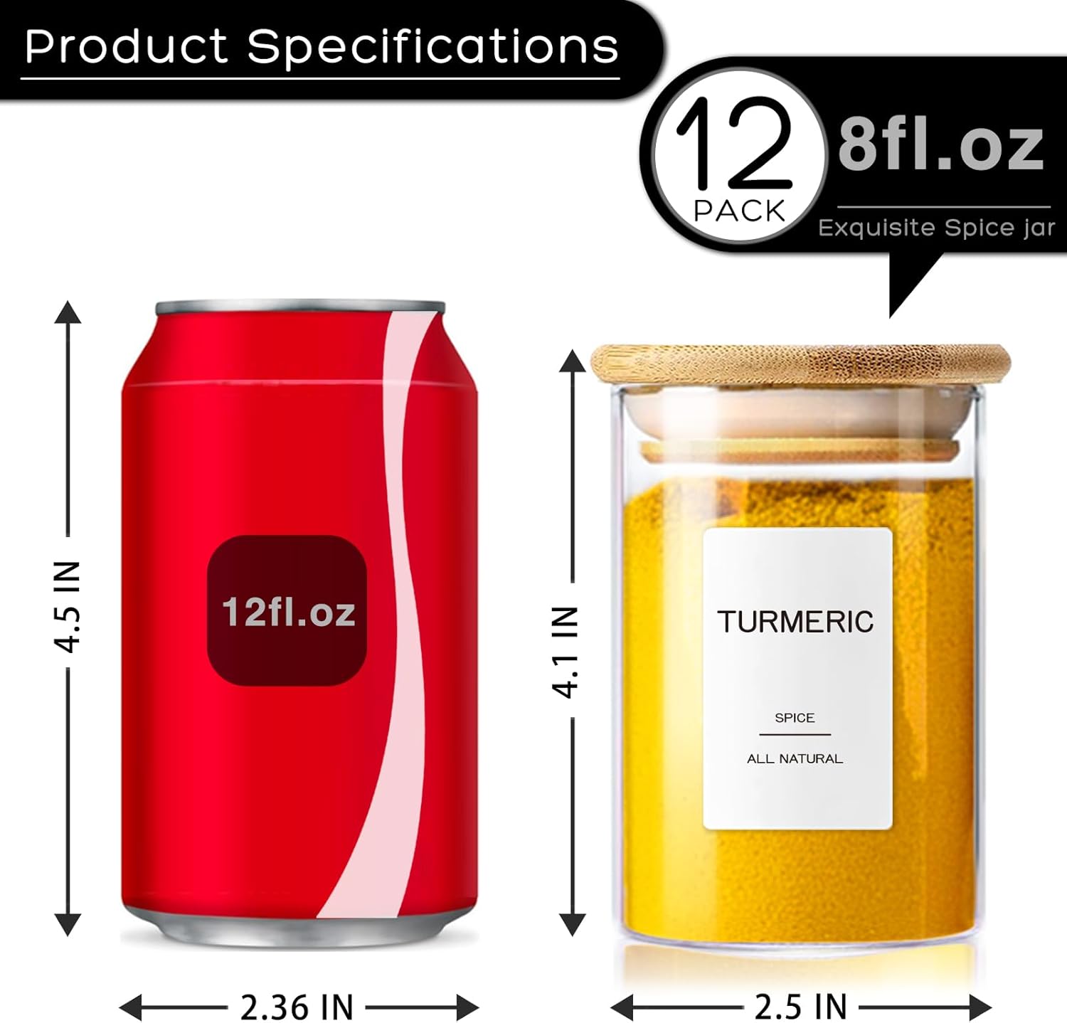 12 Pcs Glass Spice Jars with Bamboo Airtight Lids & 201 Labels - 8oz Small Empty Food Storage Containers for Kitchen, Seasonings, Herbs, Salt - Image 2