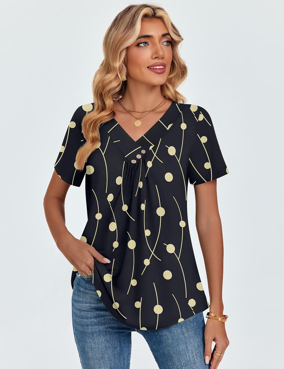 Zeagoo V Neck Short Sleeve Shirts for Women Dressy Casual Blouses Pleated Summer Tunic Tops - Image 6