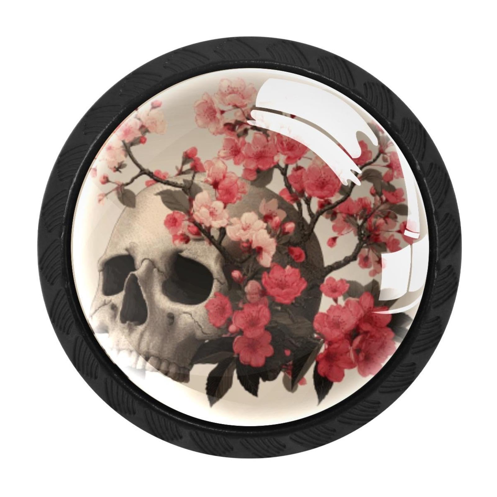 CHENZZZZ 4 Pack Vintage Skull and Flowers Cherry Dresser Drawer Cabinet Knobs Black Round Drawer Knob Pull Handle with Screws for Kitchen Wardrobe Cupboard Furniture Decor