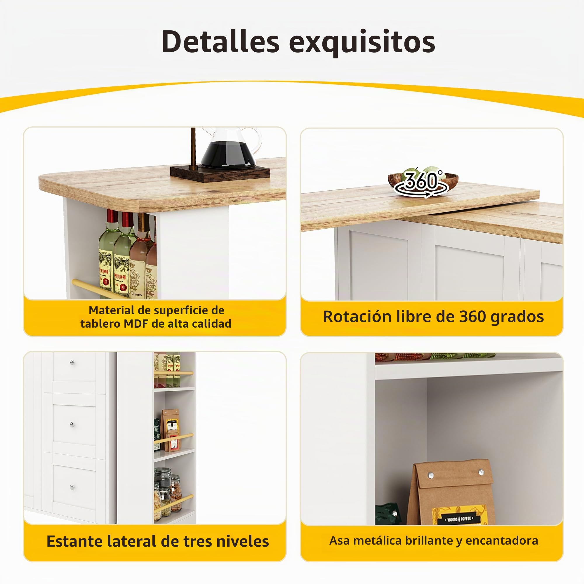 Soweiz Mesa alta giratoria 360° sobre ruedas, con tres cajones, viene con soporte para aperitivos, isla de almacenamiento multifuncional, adecuada para cocina y sala de estar, (138-209 x 39 x 106 cm