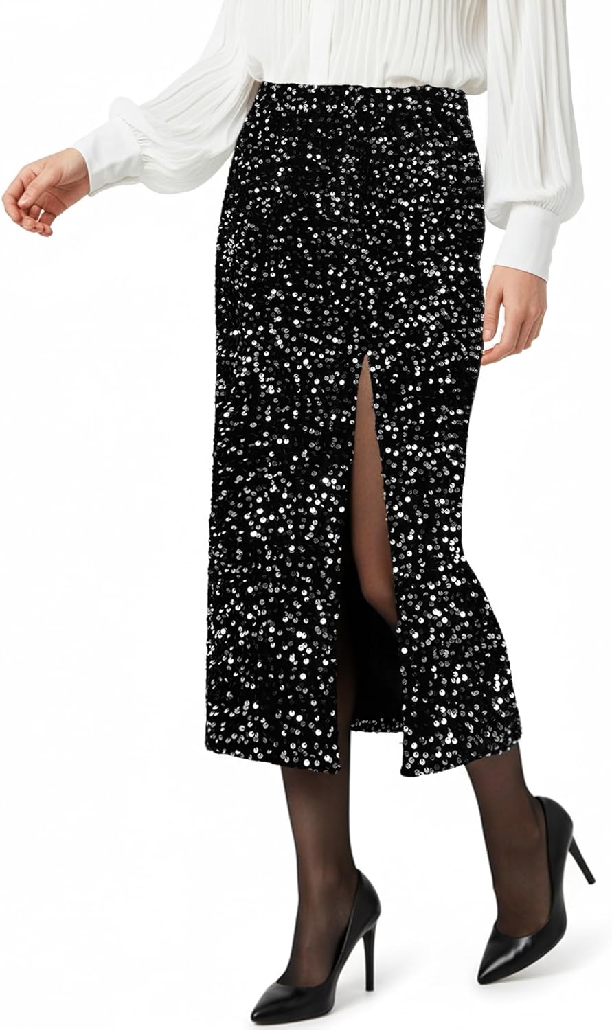 AURUZA Women's Sequin Midi Skirts Side Slit Sparkle High Waist Stretchy Elastic Glitter for Women Skirt Night Out Party - Image 2