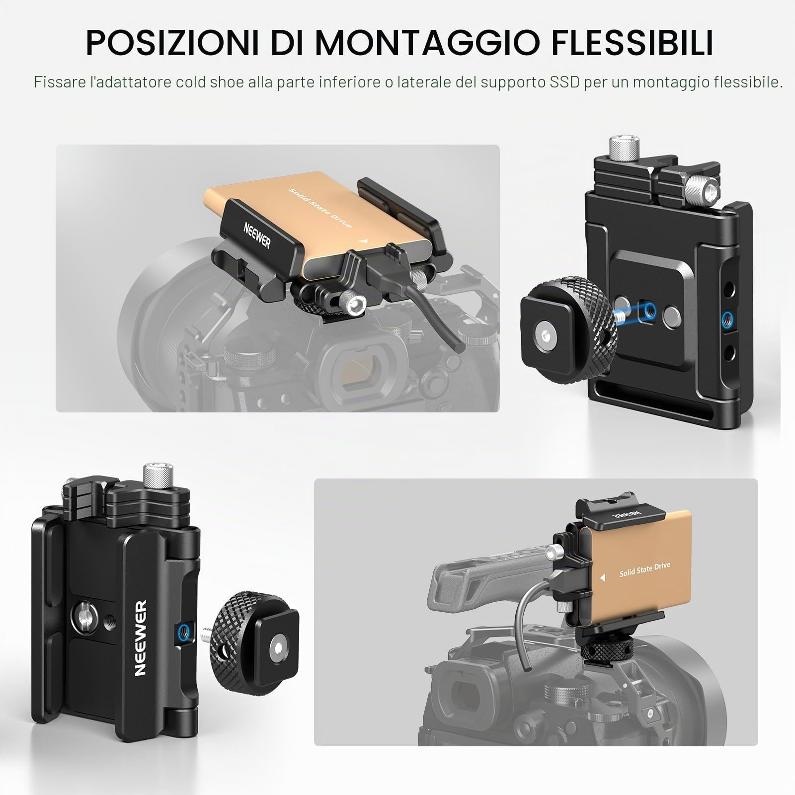 NEEWER Supporto SSD Staffa di Montaggio con Coldshoe Clip Cavo, 1,6-2,6" per Samsung T5 T7 SSD SanDisk Compatibile con SmallRig Cage per BMPCC 4K 6K Compatibile con iPhone 15 Pro Max Phone Cage, UA035