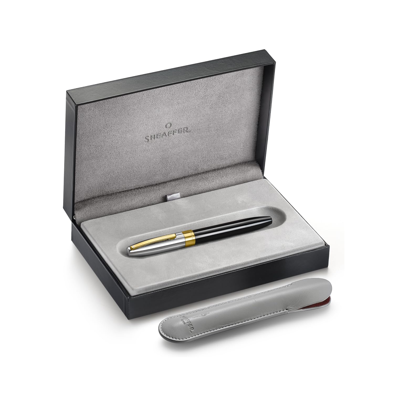 Sheaffer Legacy 9065 Füllfederhalter, zweifarbiger schwarzer Smoking-Medaillengewinner, 14 Karat PVD-Gold, mittlere eingelegte Feder, mit Ledertasche und luxuriöser Geschenkbox